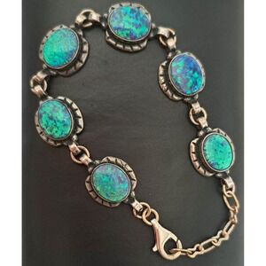 Vintage Sterling Silver Blue Fire Opal Oval Chain Link Bracelet 6"1/2"